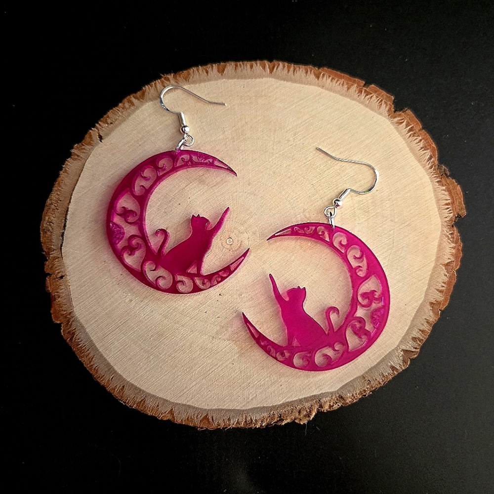 Purple Cats On Moons Earrings
